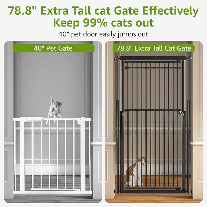 78.8" Extra Tall Cat Gate, 28.3-33" Wide Safety Metal Cat Door, Pressure Mounted Easy Walk Through Pet Gate with Door for Stairs, Doorways (Black)