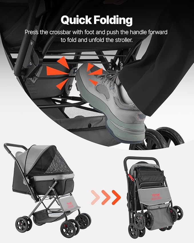 VEVOR Pet Stroller, 44 lbs Weight Capacity, Foldable Dog Cart, 4 Wheels Cats Stroller with Mesh Windows & Revrsible Handle, Portable Pet Carrier with Brake, for Small to Medium Pets