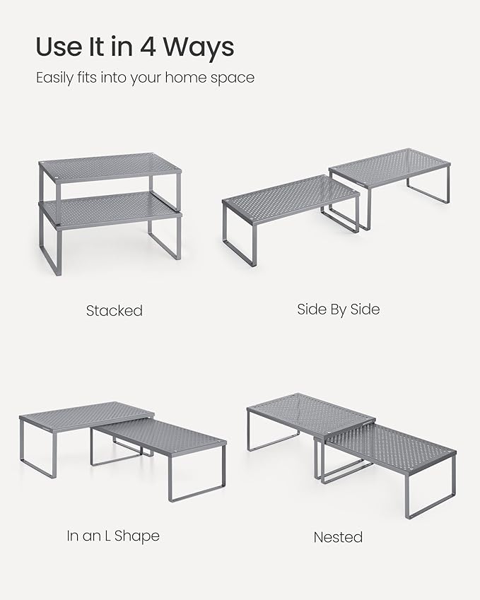 SONGMICS Spice Racks, Set of 2 Metal Cabinet Shelf Organizers, Countertop Organizers, Shelf Risers, Stackable, Expandable, Silver UKCS401G01