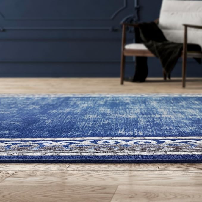 Antep Rugs Alfombras Bordered Modern 5x7 Non-Slip (Non-Skid) Low Pile Rubber Backing Indoor Area Rug (Navy, 5' x 7' Oval)