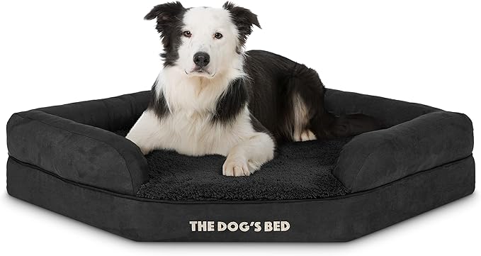 The Dog’s Bed Medium Support Memory Foam Waterproof Corner Dog Bed, Large, Black Plush, Eases Pet Arthritis & Hip Dysplasia Pain, Therapeutic & Supportive, Washable Plush Fabric Cover