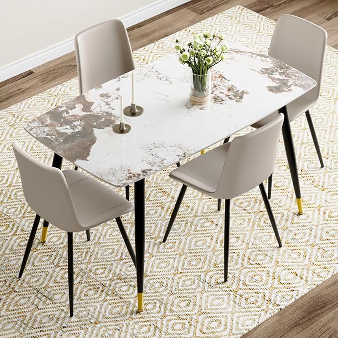 Small Dining Table Set for 4, 50'' Sintered Stone Dining Table with 4 Chairs, Easy to Assemble, Suitable for Small Spaces