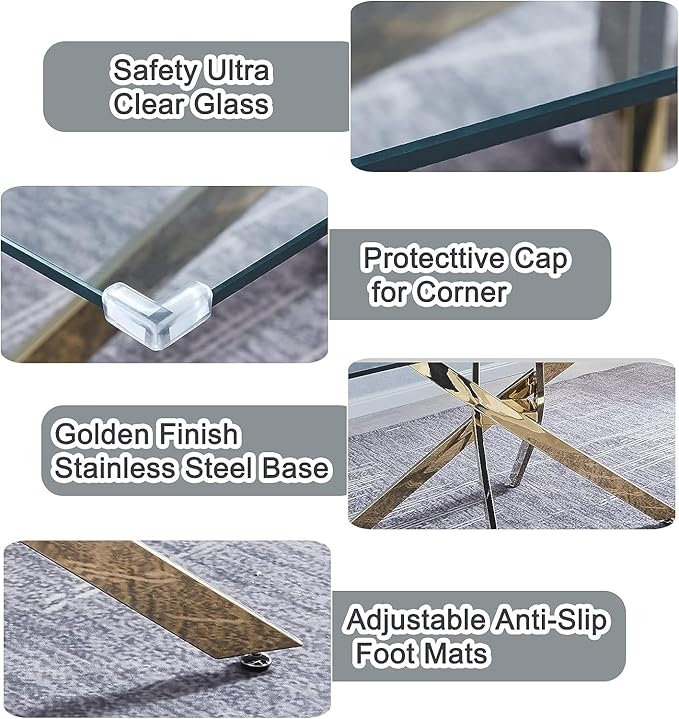 51" Glass Dining Table for 4, Contemporary Rectangular Dining Room Table with Tempered Glass Top & Golden Finish Stainless Steel Legs, Modern Kitchen Table for Home Office