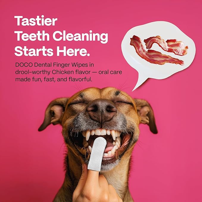 DOCO Dog & Cat Ear & Teeth Cleaning Wipes Kit - Removes Plaque, Tartar & Wax, Freshens Breath, Soothes Ears with Chamomile, Aloe & Bacon Flavor - Gentle & Effective for All Pets, 100 Count