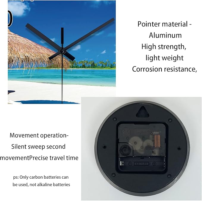 XFM Blue Beach Wall Clock 12 Inch Silent Glass Wall Clocks Battery Operated Tropical Summer Coastal Clock Decorative for Bedroom Living Room Office