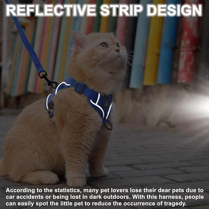 Vest Harness Leash Set for Small Dog Large Cat, Upgraded Escape Proof Adjustable Jacket with Lead for Puppy Fat Cat Outdoor Walking, Soft Breathable Mesh Coat with Reflective Strip XL Klein Blue