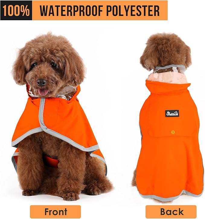 SlowTon Dog Raincoat, Adjustable Dog Rain Jacket Clear Hooded Double Layer, Waterproof Poncho with Reflective Strip Straps and Storage Pocket for Small Medium Large Dogs Puppies(OR S)