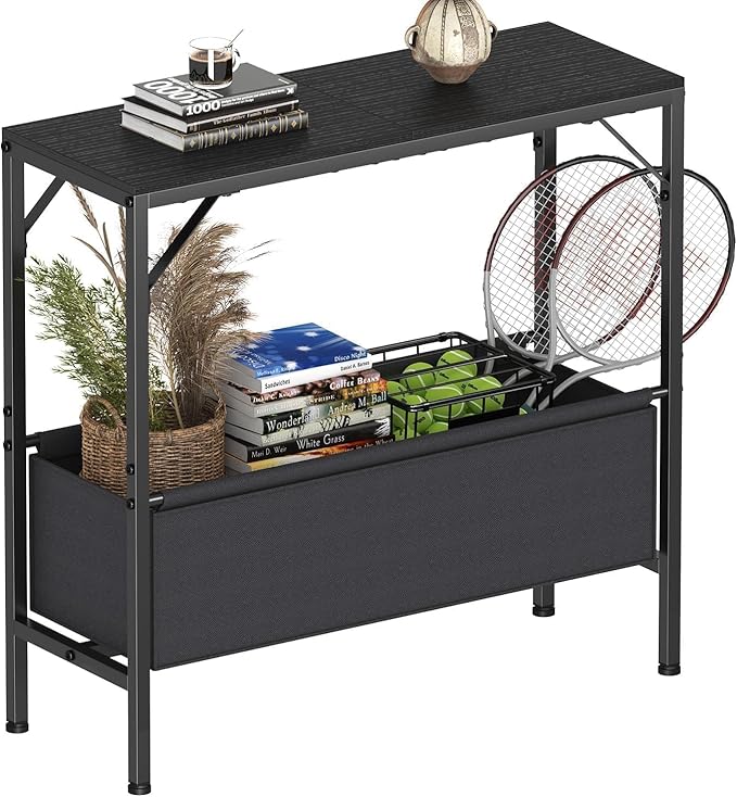 Small Console Table with Storage Basket, 31.5'' Couch Table Behind Sofa, Entryway Table, Sofa Table, Narrow ConsoleTable, Display Table for Hallway, Foyer, Living Room, Black