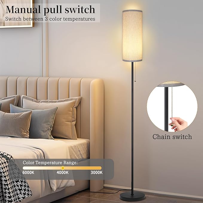 Floor Lamp for Living Room, Modern Standing Lamps with Lampshade, Minimalist Tall Lamp with Chain Switch for Living Room, LED Bulb Included (Gray Shade)