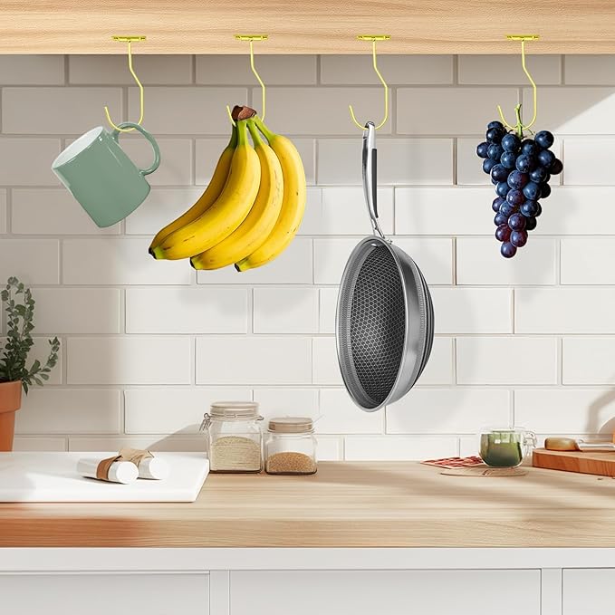 Banana Hanger Hook – Space Saving Banana Holder Hanger to Keep Bananas Fresh, Self Adhesive and Screw Banana Hook 4Pack Gold