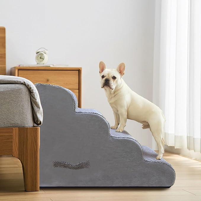 PAWSCART Dog Stairs for Small Dogs and Cats, 4-Step Dog Steps for Bed, 19.6" H Pet Stairs for High Bed, Pet Ramp for Couch, Sofa, Non-Slip Surface Removable Washable Cover, LightGrey