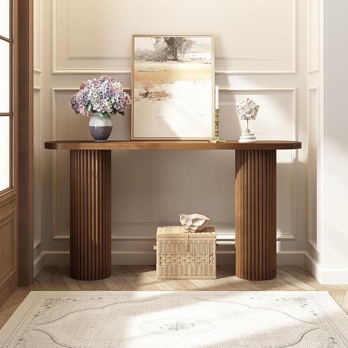 Fluted Solid Wood Console Table-55 Inches Farmhouse Entryway Table with Rounded Corners, Morden Sofa Tables Behind Couch for Foyer, Entrance, Living Room, Hallway