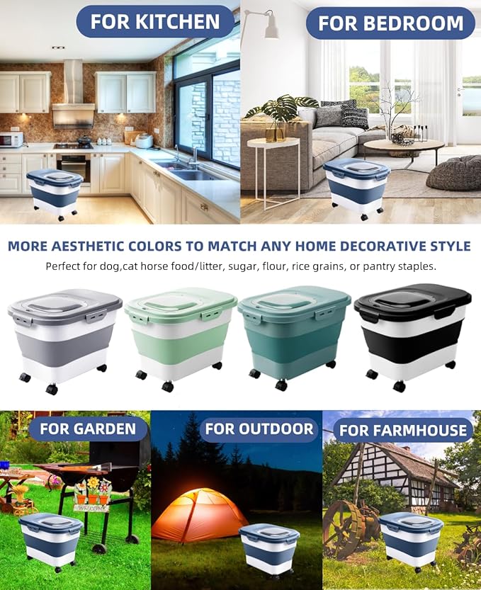 20-23 Lbs Dog Food Storage Container - Collapsible Dog Food Container with Wheels Airtight Lids, Scoop and Small Container, Pet Food Storage Dry Food For Dog, Cats and Other Pet (Blue)