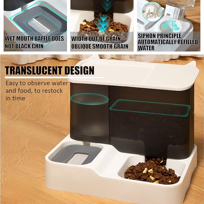 kathson All-in-One Automatic Cat Feeder and Water Dispenser Set Gravity Cat Food and Water Bowl Set Automatic Pet Feeder and Water Dispenser for Small Dogs Puppy Cats Pets(Grey)
