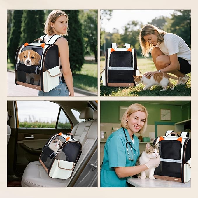 Lekereise Cat Backpack Carrier, Pet Carrier Backpack Airline Approved for Small Dogs Medium Cats Fit Up to 18 Lbs, Dogs Foldable Backpack Carrier for Travel, Hiking, Beige-Orange Ears