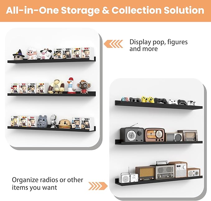 upsimples Floating Shelves for Wall, 47.3 Inch Shelves for Decor Storage Set of 6, Wall Mounted Wood Shelf for Bedroom, Living Room, Bathroom, Kitchen, Long Picture Ledge Shelves, Black