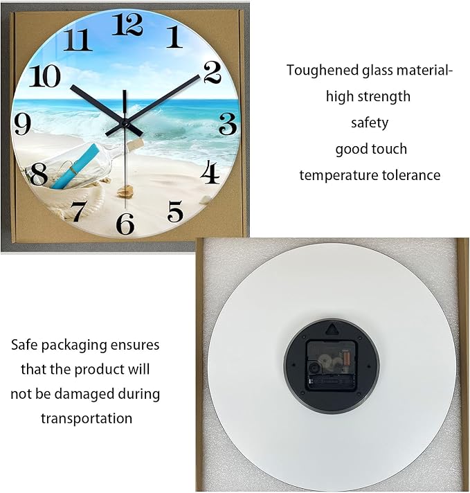 XNM Round Beach Blue Wall Clock for Bedroom Glass Small Wall Clocks Battery Operated 12 Inch Farmhouse Clocks for Walls