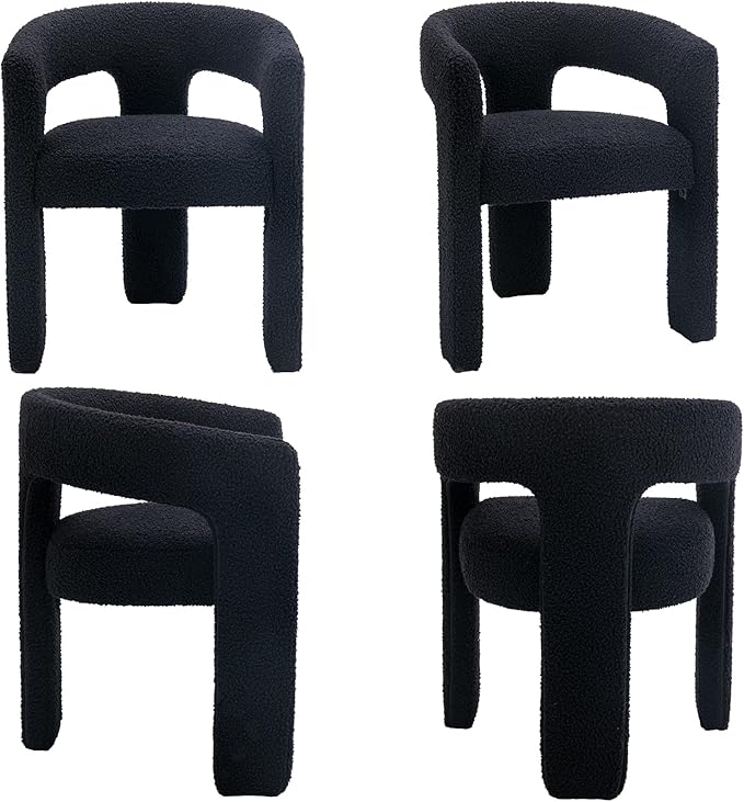 Black Dining Chairs Set of 6, Upholstered Sherpa Barrel Chairs with Arms Comfy Accent Side Chairs for Living Room/Dining Room/Reception, Black