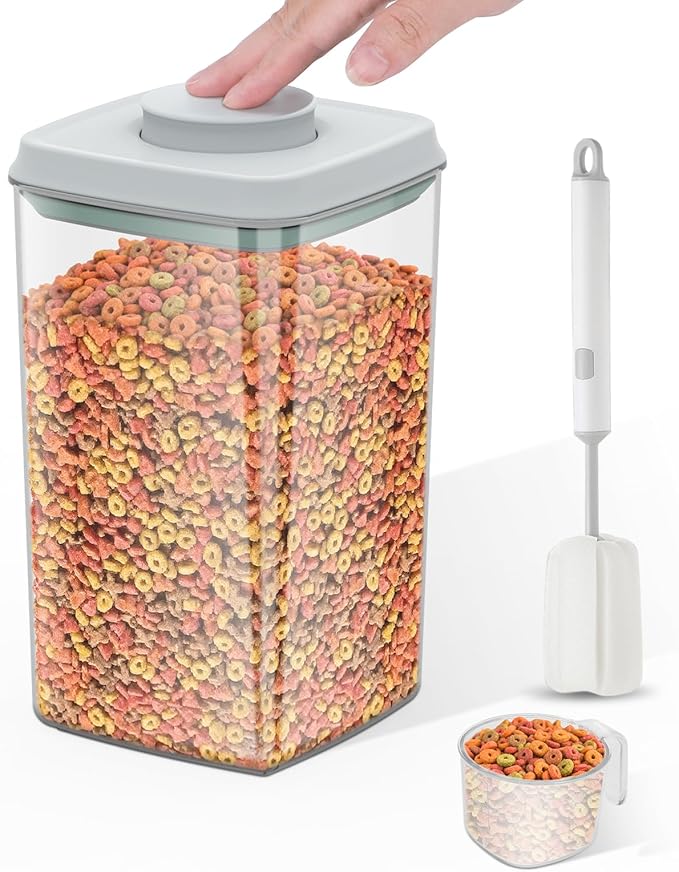 Airtight Dog Cat Food Storage Container and Dog Treat Containers BPA-Free, PET Clear Stackable Pet Storage Bin, 1 Cup Scoop, 1 Sponge cleaning brush, Pop Top, With handle (4.2Qt-1Pack)