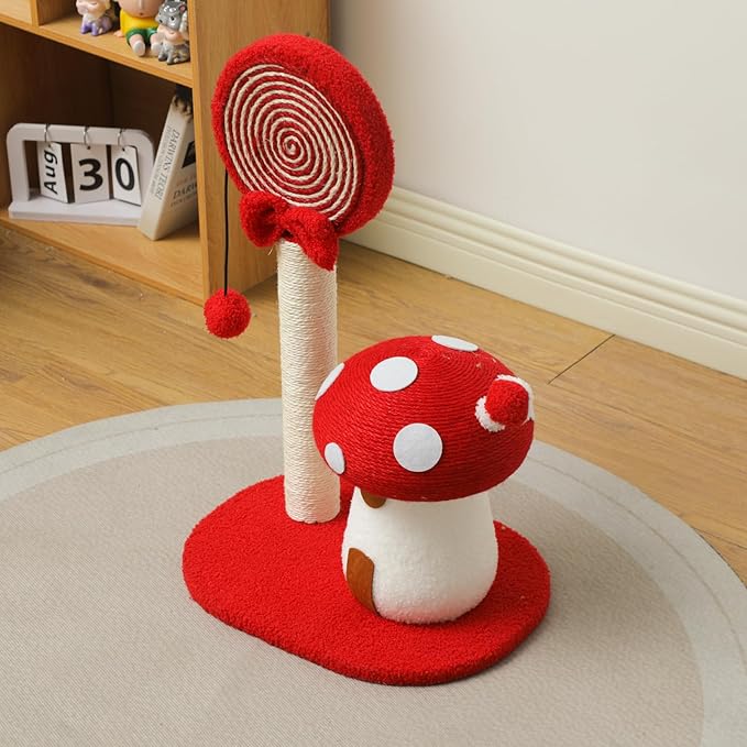 Doggie&Kittie Cat Scratching Post Cute Kitten Scratching Board Kitty Toys Mushroom Lollipop Cat Scratcher Furniture Cat Climber Climbing Tower for Indoor Cats Sisal Material (Red)