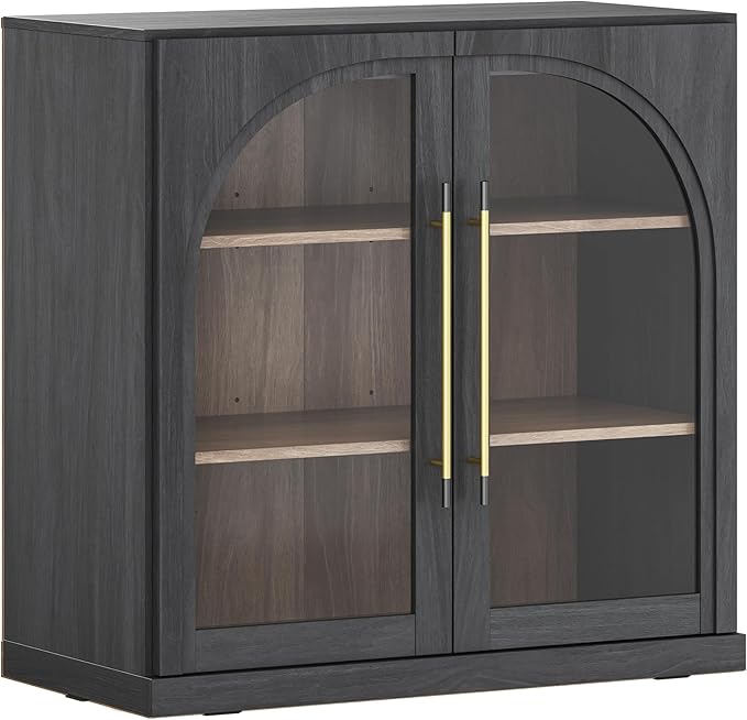 BELLEZE Modular Sideboard with Arched Glass Door, Accent Display Buffet Cabinet with Storage and Adjustable Shelves,Classic Modern Credenza for Dining Room Living Room Entryway (Ebony)