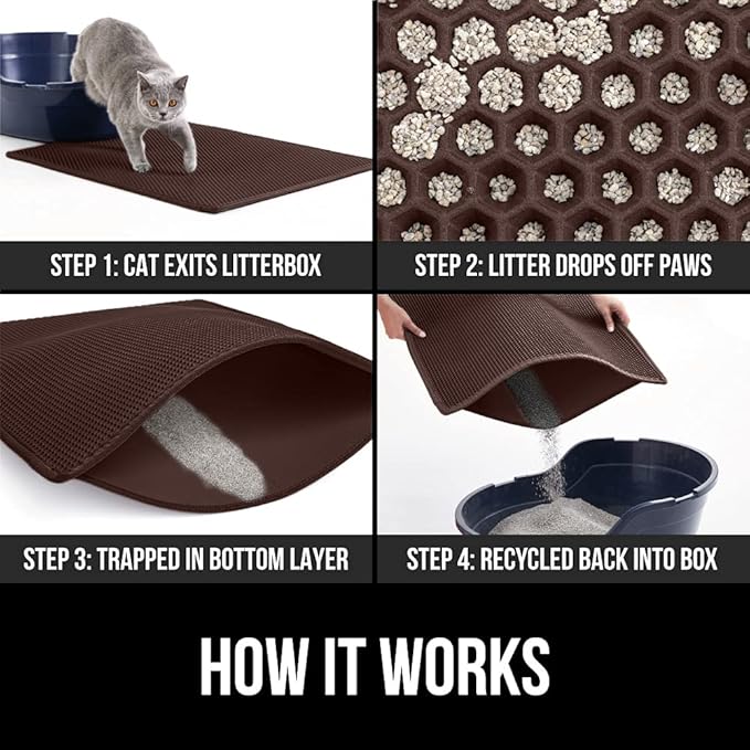 GORILLA GRIP Honeycomb Cat Litter Box Mat, 35x24 Two Layer Trapping Waste Mats, Soft On Paws, Litter Box Supplies and Essentials for Indoor Cats, Traps Excess, Water Resistant for Floors, Brown