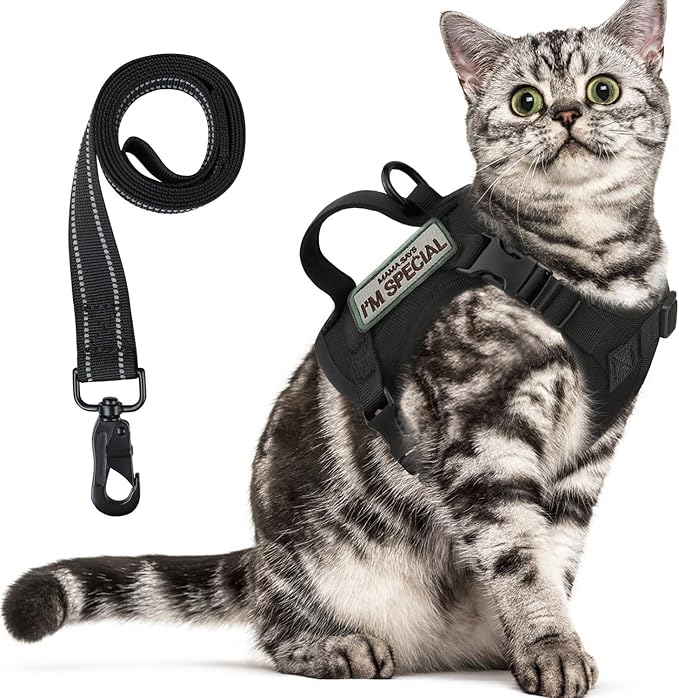 Tactical Cat Harness for Walking Escape Proof, Soft Mesh Adjustable Pet Vest Harness for Large Cat, Small Dog and Khaki (Black, Medium)