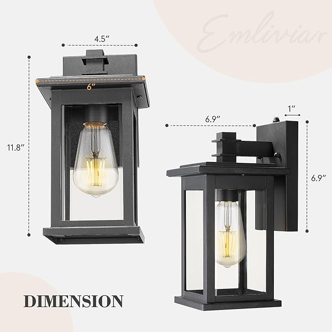 Emliviar 2 Pack Dusk to Dawn Outside Wall Mount Lighting, 11.8 inch Exterior Light Fixture with Clear Glass, Black Finish, 1803EW1-PC-2PK BK