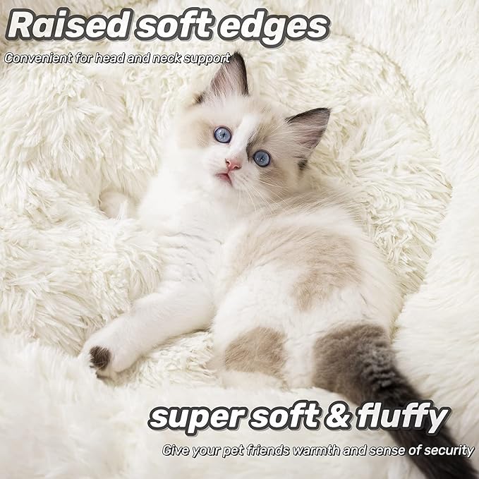 Anti Anxiety Round Fluffy Plush Faux Fur Warm Washable Dog Bed & Cat Bed, Original Bed for Small Medium Large Pets,Used to Relieve Joints and Improve Sleep(20"/24"/27'') (24", White)