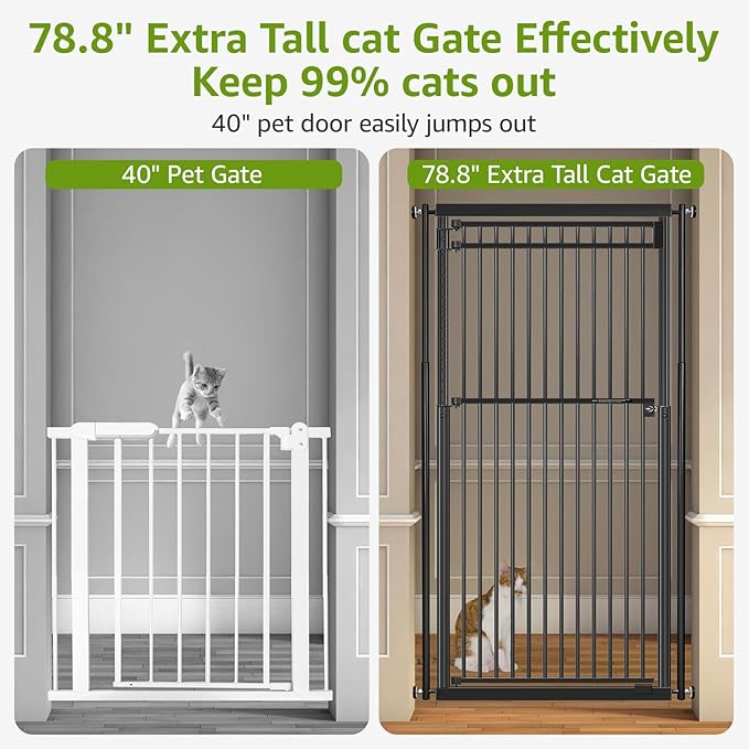 78.8" Extra Tall Cat Gate, 28.3-33" Wide Safety Metal Cat Door, Pressure Mounted Easy Walk Through Pet Gate with Door for Stairs, Doorways (Black)