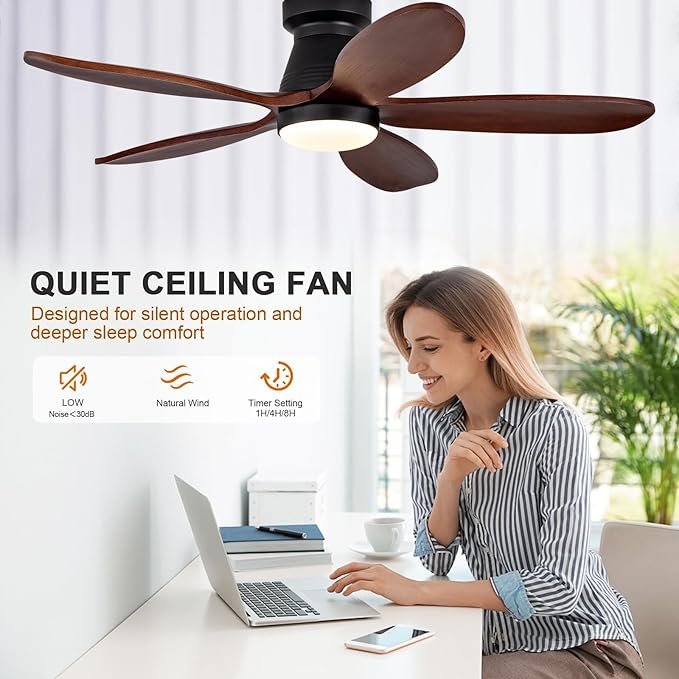 42 Inch Ceiling Fans with Lights and Remote, Low Profile Flush Mount Modern Wood Ceiling Fan with Light, 5 Blades, Wall Switch, Reversible DC Motor, Indoor Outdoor Ceiling Fan