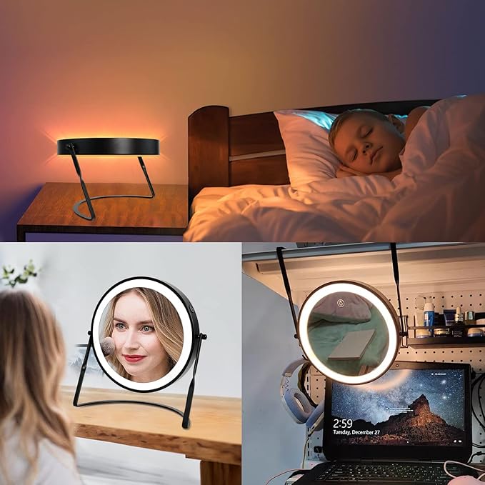 DOWRY 8.5'' Lighted Makeup Vanity Mirror with Magnification, Rechargeable 1x 10x Magnifying Mirror with 3 Color Light Brightness Adjustable, 360°Rotation Double Side Desk Cosmetic Mirror…
