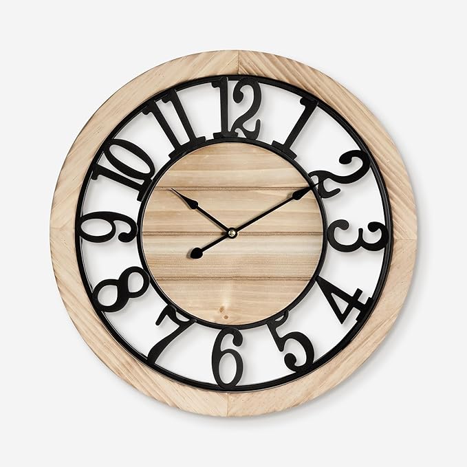Maxstar 20'' Wall Clock for Living Room Decor, Ultra-Silent Rustic Wooden Farmhouse Wall Clock with Metal & Real Wood Frame, Battery Operated, for Kitchen Bedroom Office, Arabic Numerals