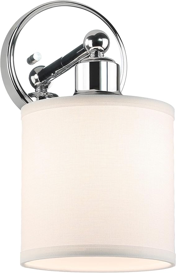 XiNBEi Lighting Wall Light 1 Light Wall Sconce with Drum Fabric Shade in Chrome, Modern Bathroom Vanity Light for Bathroom Bedroom & Living Room XB-W1214-1-CH