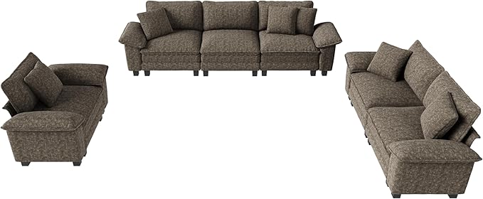 U-Shaped Cloud Modular Sofa Set, Deep Seat 3-Piece 7-Seater Sectional Couch & Removable Arms, Plush Chenille for Living Room - Smoky Gray