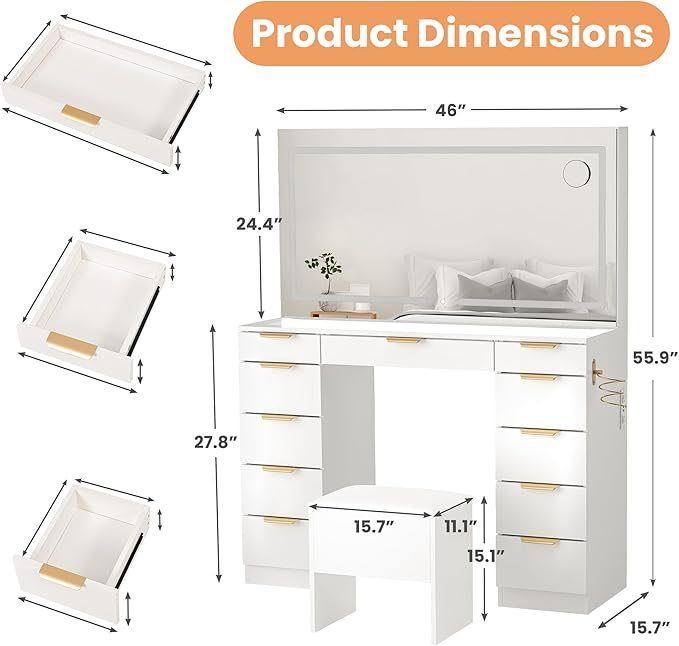Pamapic 11 Drawers Vanity Desk with Golden Handles, Upgraded Silent Slides Vanity Mirror with Lights, 3 Lighting Modes Glass Top Makeup Vanity with Chair and Portable Mirror, Charging Station
