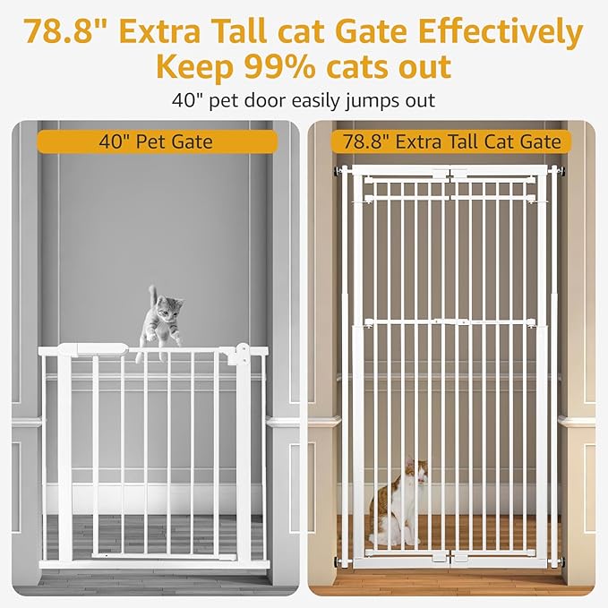 78.8" Extra Tall Cat Gate, 28.3-33" Wide Dog Door, Pressure Mounted Easy Walk Through Safety Metal Pet Gate for Doorway, No Drilling Cat Proof Gate (White)