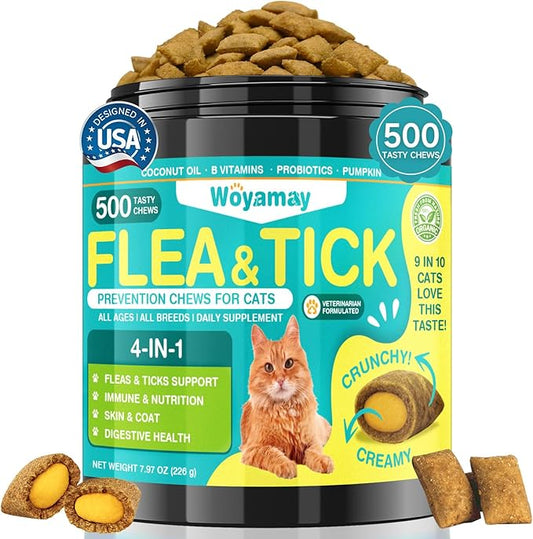 4-IN-1 Flea and Tick Prevention for Cats, 500 Crunchy & Creamy Chews, Cat Flea Treatment, Natural Oral Flea Treatment for Cats, Daily Support for Flea, Immune, Skin & Coat, Gut, Chicken Flavor