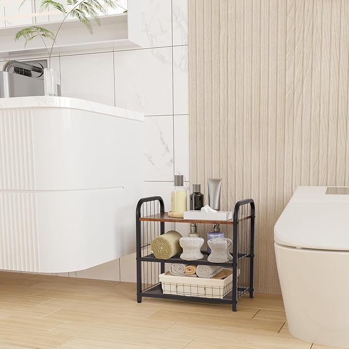 Shoe Rack, 3-Tier Shoe Organizer with Guardrails, Heavy-Duty Metal Mesh Shelves & Rustic Wooden Top for Stylish Closet & Front Door Storage