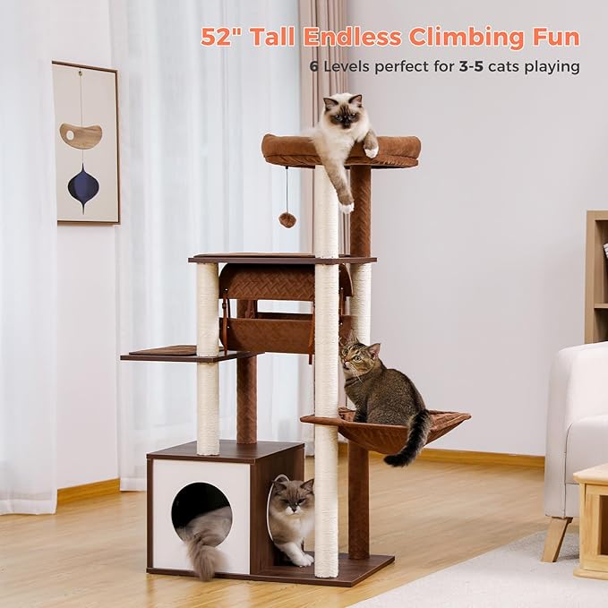 52" Modern Cat Tree for Large Cats, Wooden Cat Tower with Fully Sisal Covered Scratching Posts, Luxury Cat Furniture with Spacious Perch, Super Large Hammock, Cozy Condo and Swing Tunnel Brown
