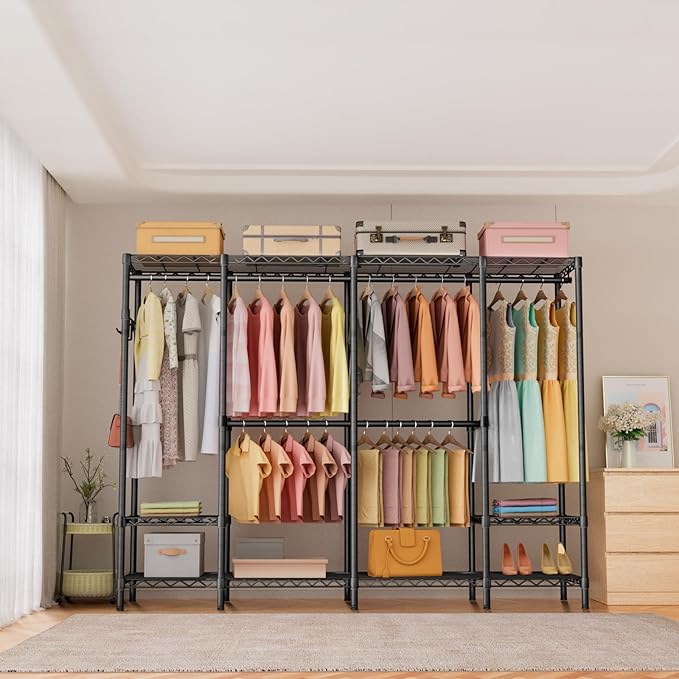 Heavy Duty Garment Rack Clothes Rack,Large Metal Closet Organizer System Storage Wardrobe,Freestanding Clothing Rack with Adjustable Wire Shelves& Hang Rods,MaxLoad 1000lbs