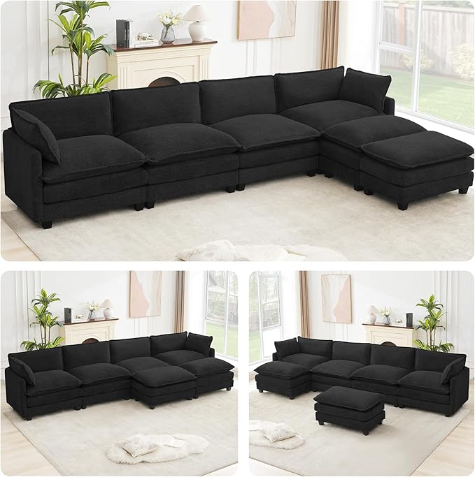 ROWHY Oversized Modular Sectional Couch with 2 Movable Ottoman, 148" Modern Convertible U Shaped Sofa Set, 4 Seat Comfy Cloud Couch with 2 Throw Pillows, for Living Room, Chenille, Black