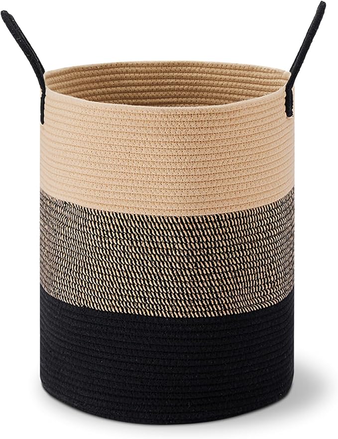 VIPOSCO Large Laundry Hamper, Tall Woven Rope Storage Basket for Blanket, Toys, Dirty Clothes in Living Room, Bathroom, Bedroom - 53L Brown & Black