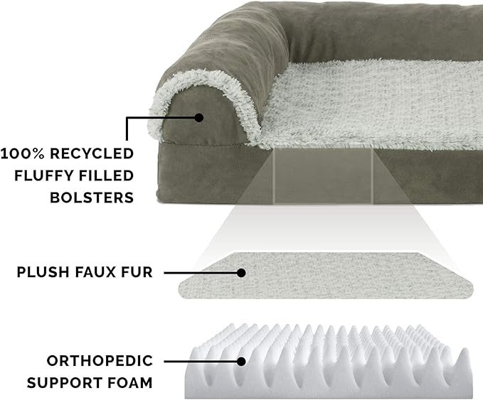 Furhaven Orthopedic Dog Bed for Medium/Small Dogs w/ Removable Bolsters & Washable Cover, For Dogs Up to 35 lbs - Two-Tone Plush Faux Fur & Suede L Shaped Chaise - Dark Sage, Medium