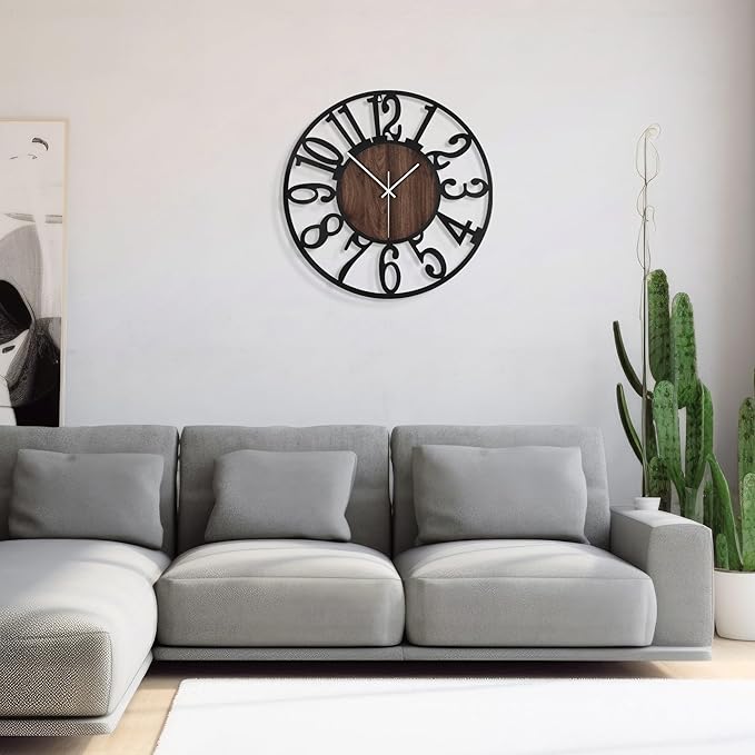 1st owned Large Wall Clock for Living Room Decor- 24" Decorative Antique Silent Non Ticking,Battery Operated,Black Metal,Wood Clocks for Farmhouse,Dining Room,Bedroom,Kitchen - Arabic Numerals
