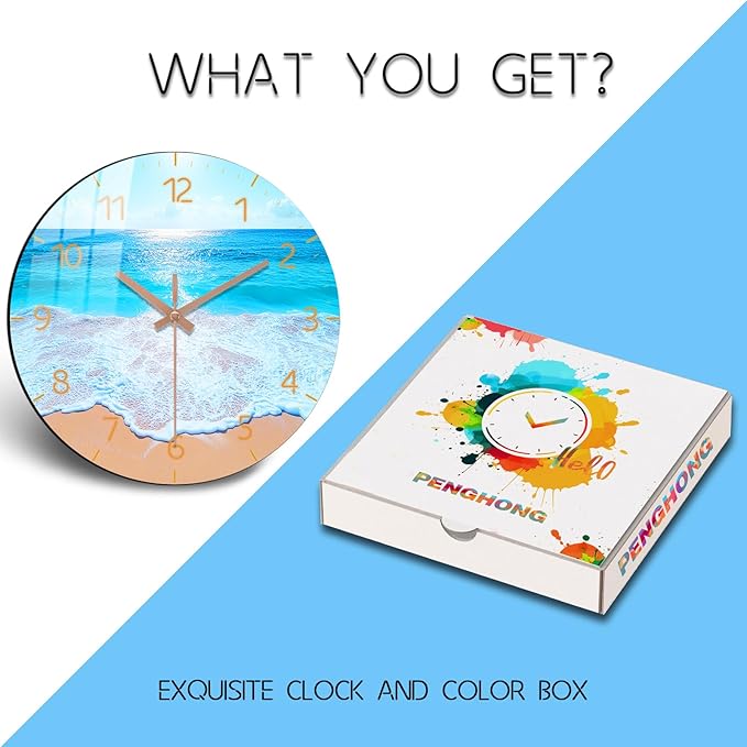 Beach Wall Clock 12 inch Battery Operated Modern Wall-Clock Sea Star Pattern Clocks Analog Wooden Clock Non Ticking for Bedroom, Office Decor