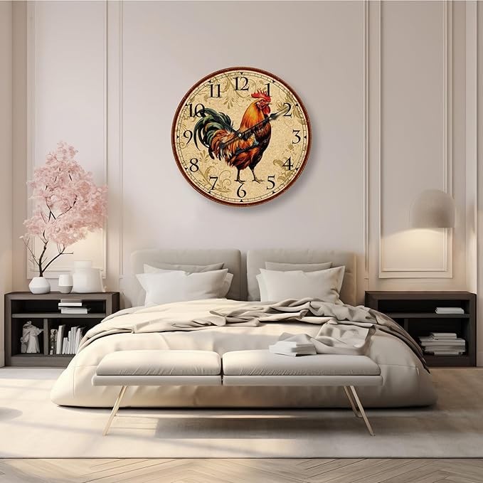 24 inch Rooster Retro Wall Clock Silent NonTicking Easy to Read Clock, Large Battery Operated Decorative Wall Clocks for Kitchen Living Room Bedroom Farmhouse Decoration