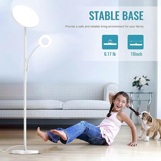 White Floor Lamp, 42W 4000LM Super Bright LED Room Lamp with Adjustable Reading Light,Dimmable Modern Standing Lamp with Remote & Touch Control for Room Bedroom Office Floor Light