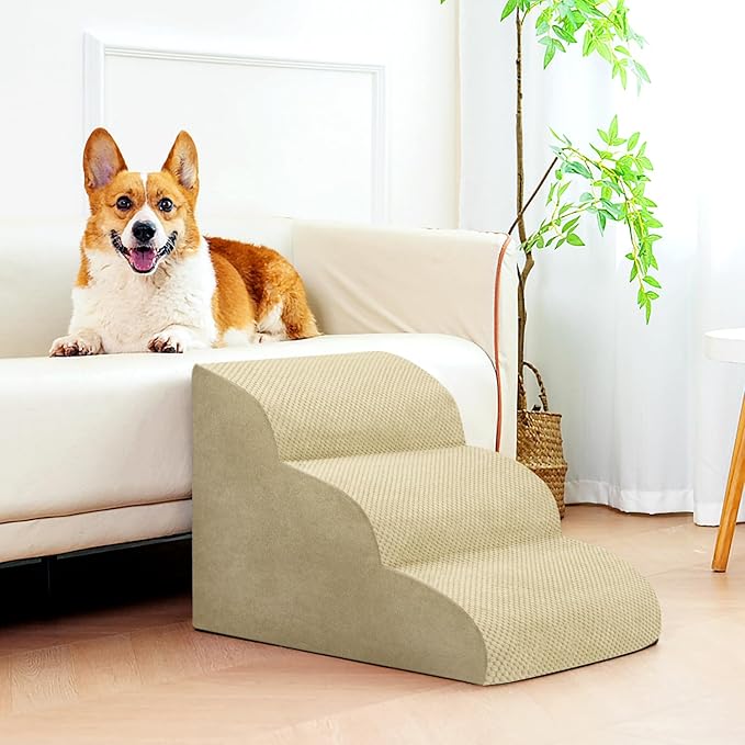 Dog Stairs for Small Dogs, High Density Foam Dog Steps, Extra Wide Non-Slip Pet Ramp for High Beds Or Couch, Soft Doggie Ladder for Dogs Injured, Older Pets, Small Cats, 3 Stpes,Camel