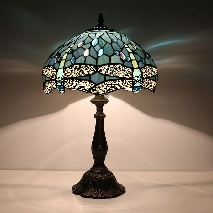 Tiffany Lamps Sea Blue Dragonfly Style Stained Glass Table Lamp Desk Bedside Reading Light 12X12X18.5 Inches with Bronze Resin Base Applicable to Bedroom Living Room Office